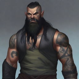 A 34-year-old male half-orc with a muscular build, long black hair, and a long black beard