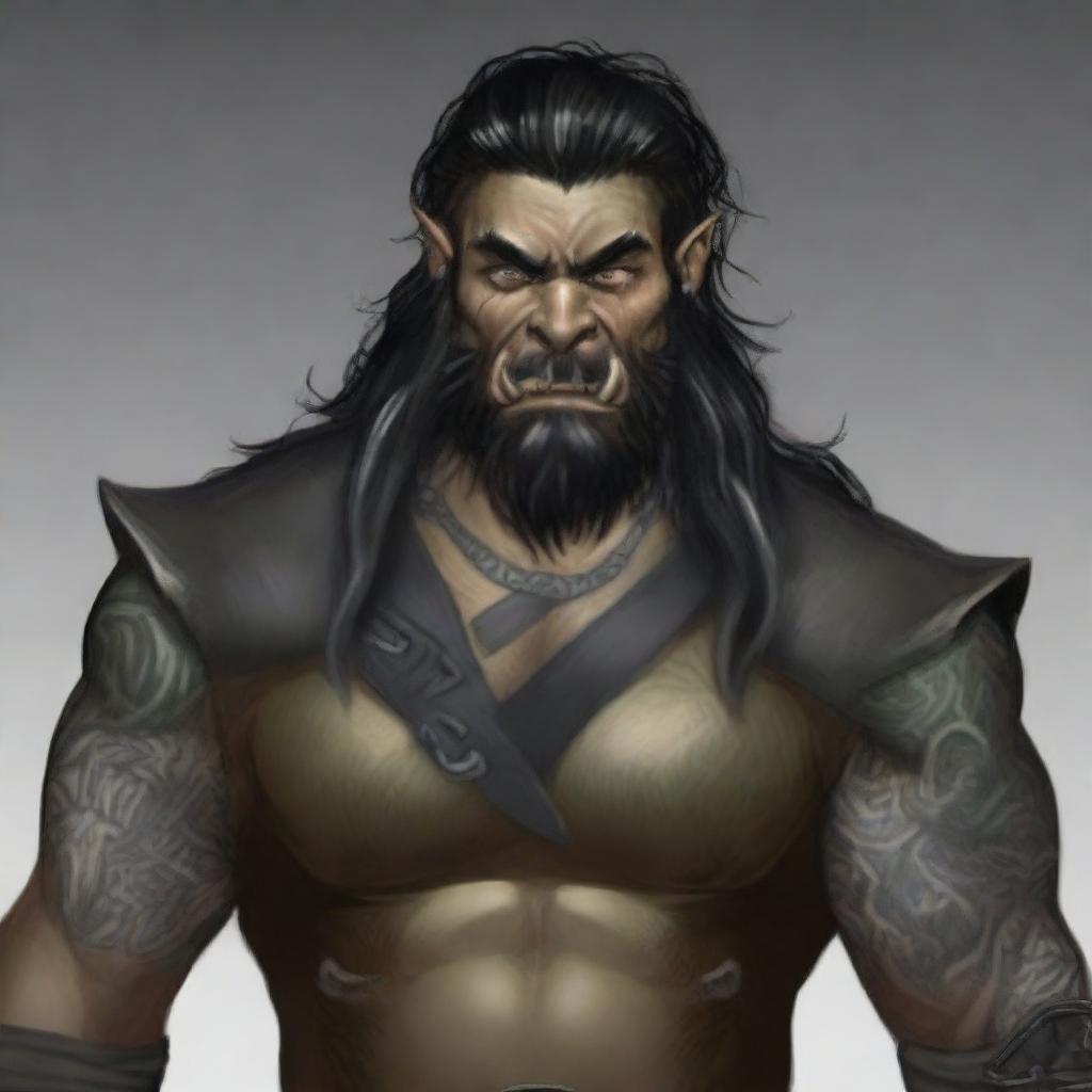 A 34-year-old male half-orc with a muscular build, long black hair, and a long black beard