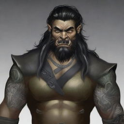 A 34-year-old male half-orc with a muscular build, long black hair, and a long black beard