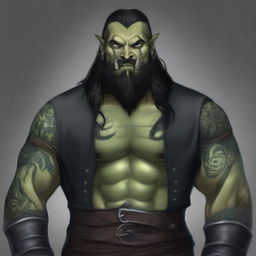 A 34-year-old male half-orc with a muscular build, long black hair, and a long black beard