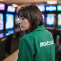 casual photograpy by kodak from the back, female , 23 year old with green eyes and black long hai with withe streaks in the bangs, jacket.,freckles, playing arcade video games, medium distance shot, high detailed, 4k hd,  --styerw--v 5.2 ar 2-3