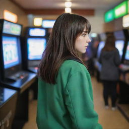 casual photograpy by kodak from the back, female , 23 year old with green eyes and black long hai with withe streaks in the bangs, jacket.,freckles, playing arcade video games, medium distance shot, high detailed, 4k hd,  --styerw--v 5.2 ar 2-3