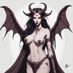 A detailed illustration of a succubus, a mythical demoness, with bat-like wings, horns, and a seductive appearance