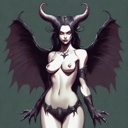 A detailed illustration of a succubus, a mythical demoness, with bat-like wings, horns, and a seductive appearance