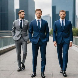 Elegant men dressed in well-tailored, stylish suits standing in a modern cityscape