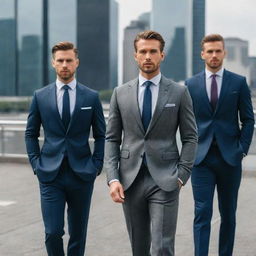 Elegant men dressed in well-tailored, stylish suits standing in a modern cityscape