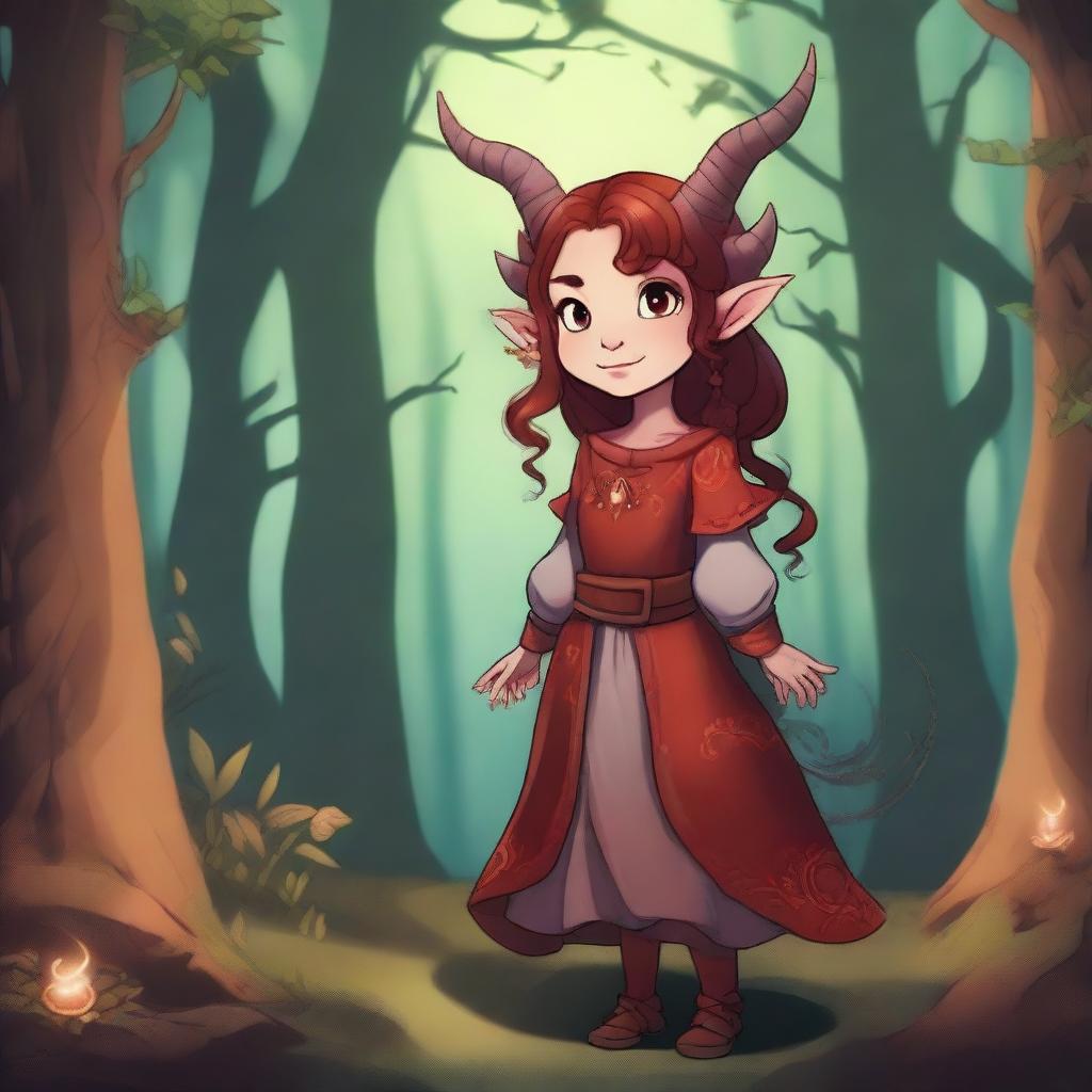 A little tiefling girl with red skin, standing in a whimsical fantasy setting