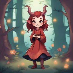 A little tiefling girl with red skin, standing in a whimsical fantasy setting