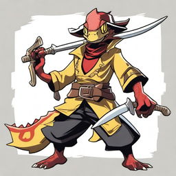 A male Lizardfolk character with red scales and yellow eyes, dressed in pirate clothing and wearing an eyepatch