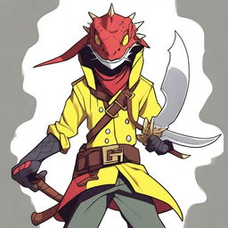 A male Lizardfolk character with red scales and yellow eyes, dressed in pirate clothing and wearing an eyepatch