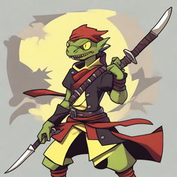 A male Lizardfolk character with red scales and yellow eyes, dressed in pirate clothing and wearing an eyepatch