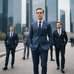 Elegant men dressed in well-tailored, stylish suits standing in a modern cityscape