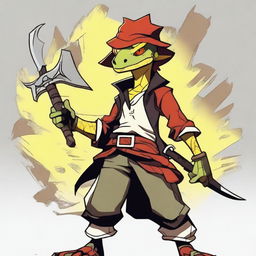 A male Lizardfolk character with red scales and yellow eyes, dressed in pirate clothing and wearing an eyepatch