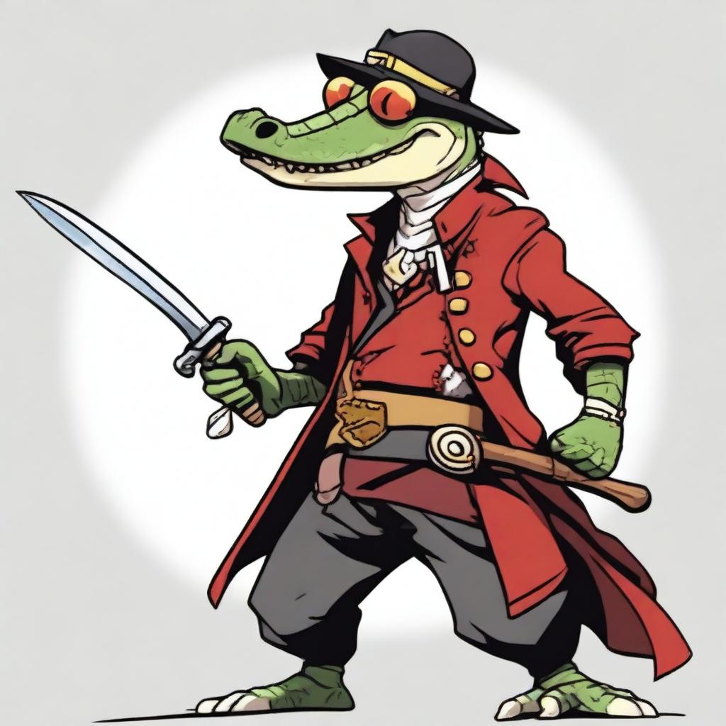 A male crocodile character with red scales and yellow eyes, dressed in pirate clothing and wearing an eyepatch