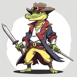 A male crocodile character with red scales and yellow eyes, dressed in pirate clothing and wearing an eyepatch