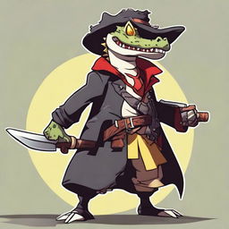 A male crocodile character with red scales and yellow eyes, dressed in pirate clothing and wearing an eyepatch