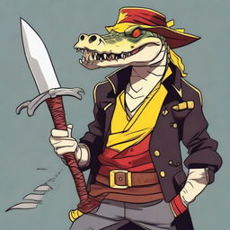 A male crocodile character with red scales and yellow eyes, dressed in pirate clothing and wearing an eyepatch