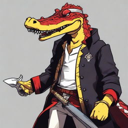 A male red crocodile with yellow eyes, dressed in pirate clothing and wearing an eyepatch