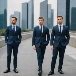 Elegant men dressed in well-tailored, stylish suits standing in a modern cityscape