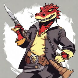 A male red crocodile with yellow eyes, dressed in pirate clothing and wearing an eyepatch