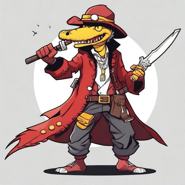 A male red crocodile with yellow eyes, dressed in pirate clothing and wearing an eyepatch