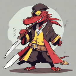 A male red crocodile with yellow eyes, dressed in pirate clothing and wearing an eyepatch