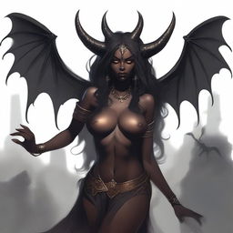 A detailed illustration of a dark-skinned succubus, a mythical demoness with bat-like wings, horns, and a seductive appearance