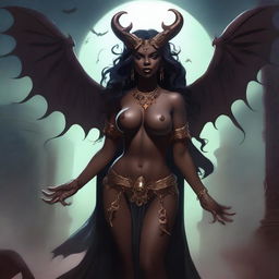 A detailed illustration of a dark-skinned succubus, a mythical demoness with bat-like wings, horns, and a seductive appearance