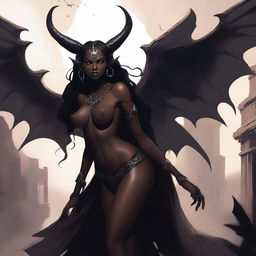 A detailed illustration of a dark-skinned succubus, a mythical demoness with bat-like wings, horns, and a seductive appearance