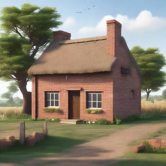 A sturdy brick house located on the outskirts of Redseed, surrounded by fields and pastures where livestock graze and crops grow