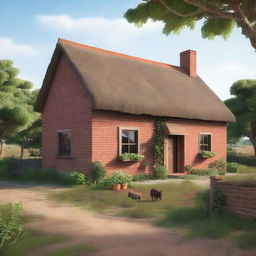 A sturdy brick house located on the outskirts of Redseed, surrounded by fields and pastures where livestock graze and crops grow