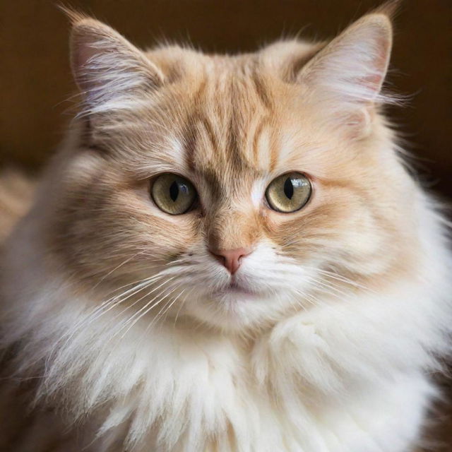 A cat with fluffy fur, bright sparkling eyes, and a playful demeanor. Its whiskers quiver in anticipation and its tail swishes gently, full of charm and cuteness.