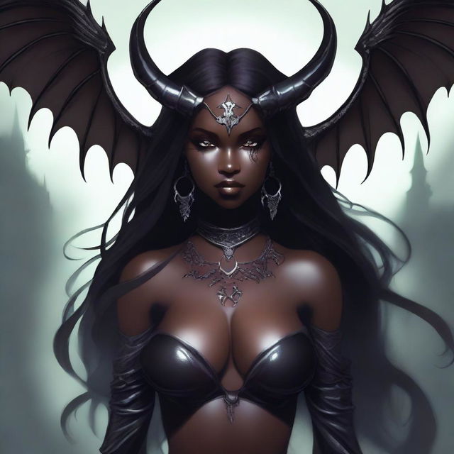 A detailed illustration of a dark-skinned succubus, a mythical demoness with bat-like wings, horns, and a seductive appearance