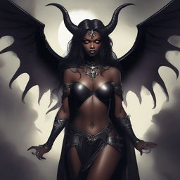 A detailed illustration of a dark-skinned succubus, a mythical demoness with bat-like wings, horns, and a seductive appearance