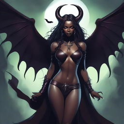 A detailed illustration of a dark-skinned succubus, a mythical demoness with bat-like wings, horns, and a seductive appearance