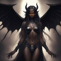 A detailed illustration of a dark-skinned succubus, a mythical demoness with bat-like wings, horns, and a seductive appearance