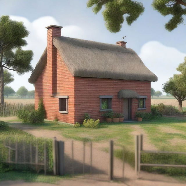 A sturdy brick house located on the outskirts of Redseed, surrounded by fields and pastures where livestock graze and crops grow