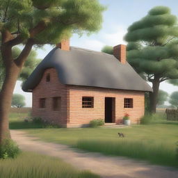 A sturdy brick house located on the outskirts of Redseed, surrounded by fields and pastures where livestock graze and crops grow