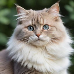 A cat with fluffy fur, bright sparkling eyes, and a playful demeanor. Its whiskers quiver in anticipation and its tail swishes gently, full of charm and cuteness.