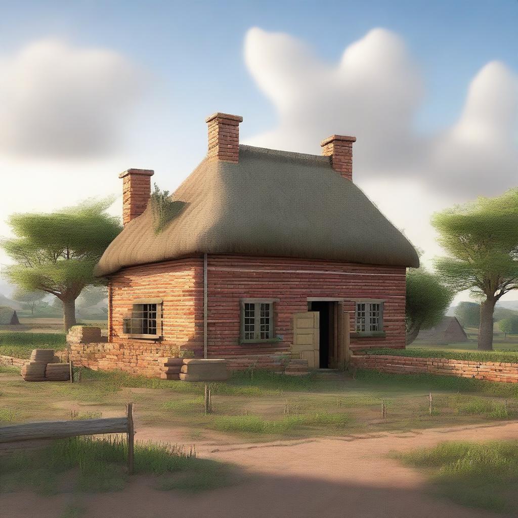 A sturdy brick house located on the outskirts of Redseed, surrounded by fields and pastures where livestock graze and crops grow