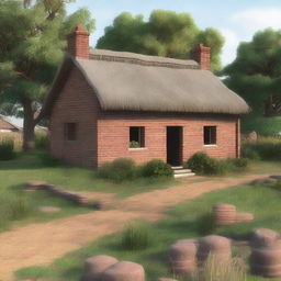 A sturdy brick house located on the outskirts of Redseed, surrounded by fields and pastures where livestock graze and crops grow