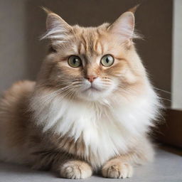 A cat with fluffy fur, bright sparkling eyes, and a playful demeanor. Its whiskers quiver in anticipation and its tail swishes gently, full of charm and cuteness.