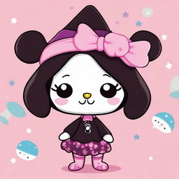 Create an image of Kuromi, the mischievous character from Sanrio, wearing her signature black jester hat with a pink skull