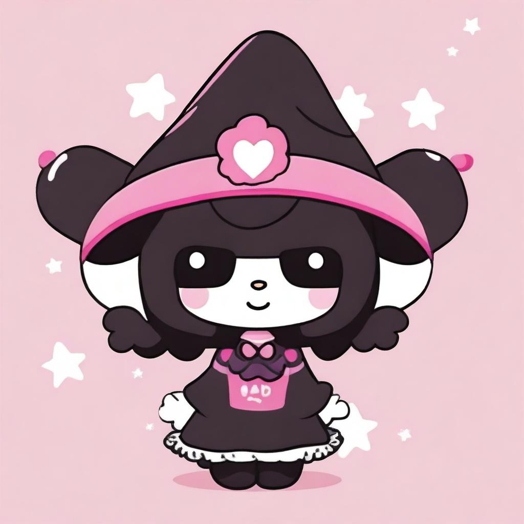 Create an image of Kuromi, the mischievous character from Sanrio, wearing her signature black jester hat with a pink skull