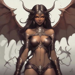 A detailed illustration of a light brown-skinned succubus, a mythical demoness with bat-like wings, horns, and a seductive appearance