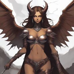 A detailed illustration of a light brown-skinned succubus, a mythical demoness with bat-like wings, horns, and a seductive appearance