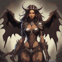 A detailed illustration of a light brown-skinned succubus, a mythical demoness with bat-like wings, horns, and a seductive appearance