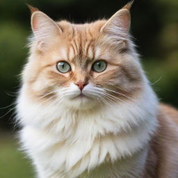 A cat with fluffy fur, bright sparkling eyes, and a playful demeanor. Its whiskers quiver in anticipation and its tail swishes gently, full of charm and cuteness.