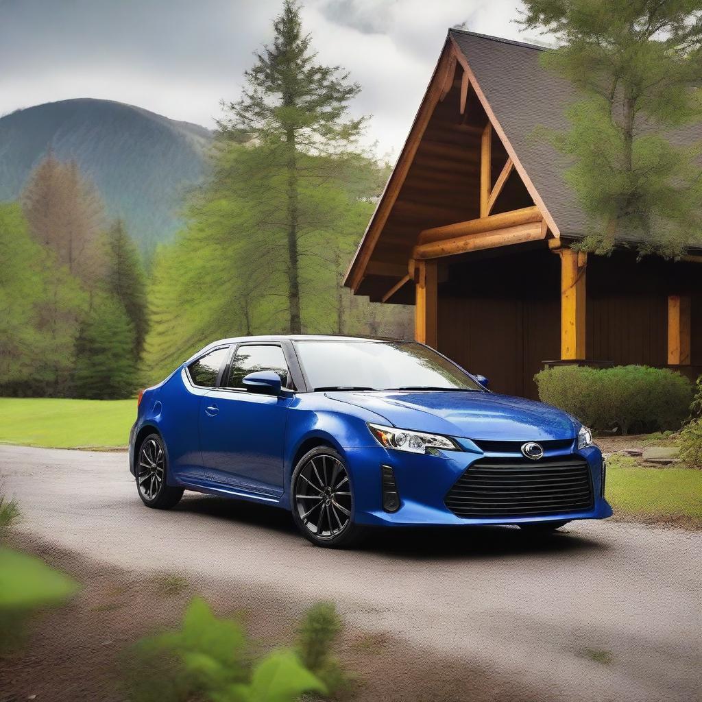 A 2016 Scion TC in dark blue with a paint-matched roof cargo box, bronze wheels, and mud flaps