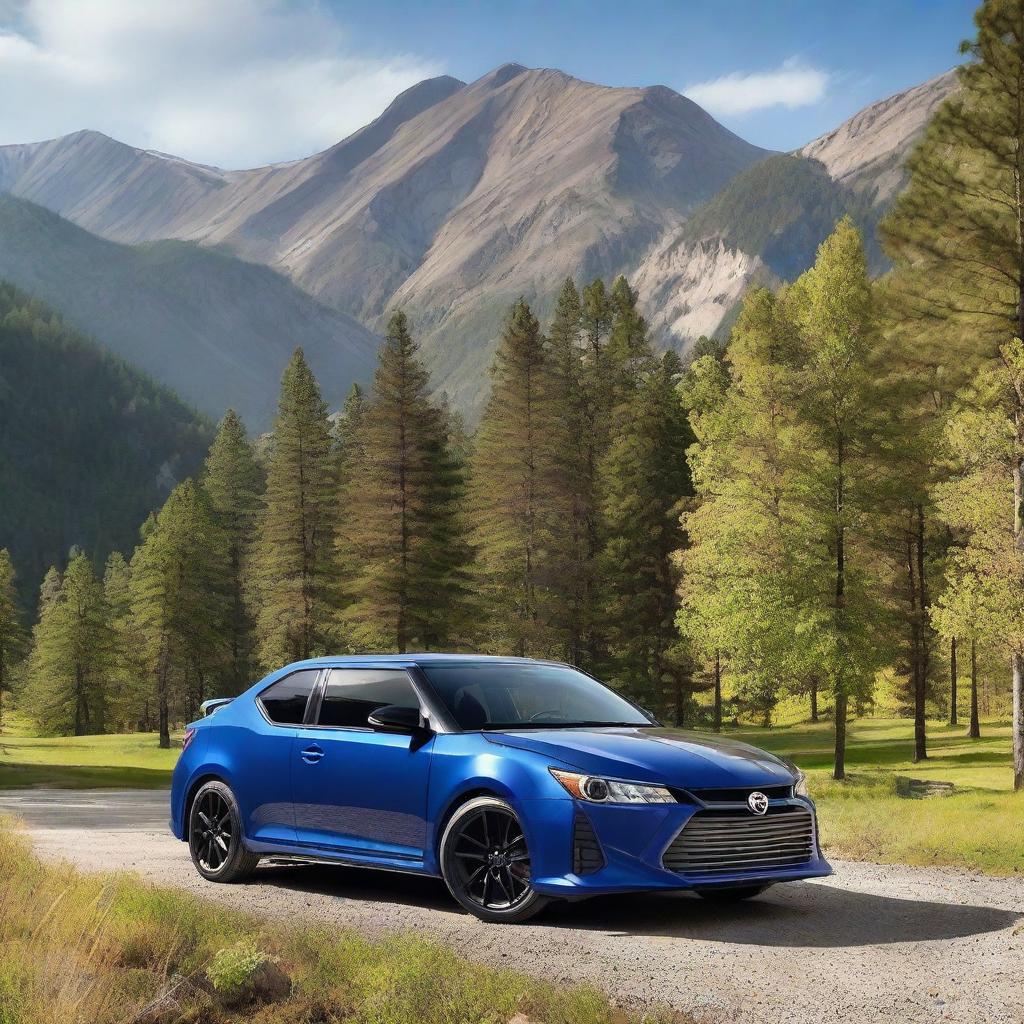 A 2016 Scion TC in dark blue with a paint-matched roof cargo box, bronze wheels, and mud flaps